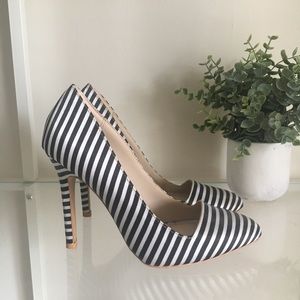 Black & White Striped Satin Pumps